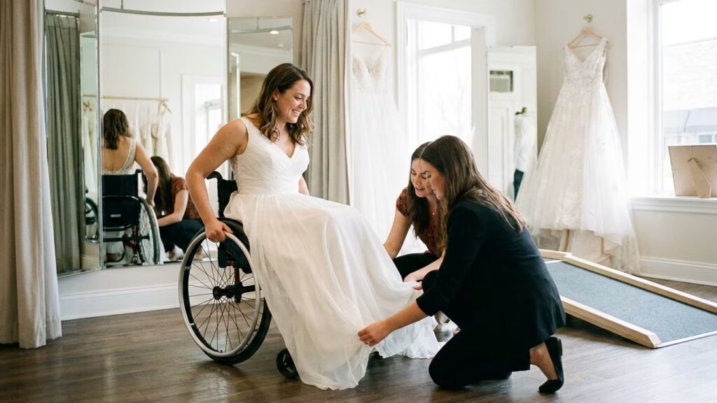 Choisir une robe de mariée en fauteuil : préparer un essayage centré sur la position assise